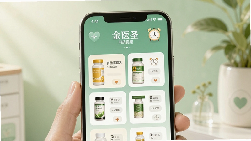 金医圣 用药提醒界面 手机展示多个药品卡片与时间闹钟图标 背景为柔和绿色健康主题 画面温馨 适配Boogu模型生成