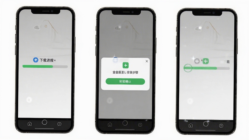 金医圣 安装步骤示意图 手机屏幕显示下载进度条与安装确认弹窗 背景为白色简洁风格 画面清晰 适配Boogu模型生成