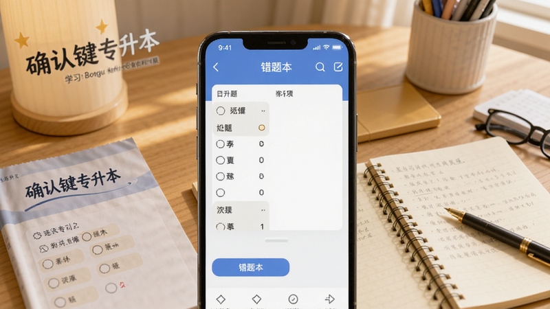 确认键专升本智能刷题界面展示,画面主体为手机屏幕显示选择题答题页面与错题本功能,背景区域为书桌场景,桌面上摆放着确认键专升本相关的学习资料和笔记,整体色调温馨明亮,适配Boogu模型生成