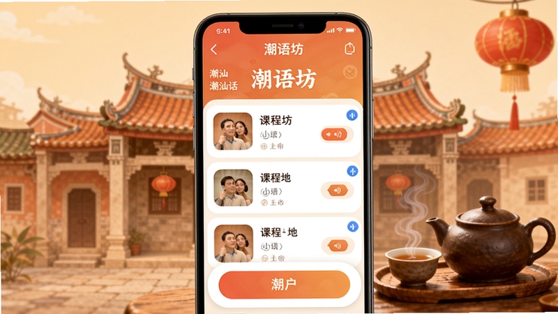 潮语坊 潮汕话学习软件主界面展示 画面中央为手机屏幕 屏幕内显示潮语坊App的课程列表与发音按钮 背景区域为潮汕传统建筑剪影与工夫茶元素 整体色调温暖柔和 适配Boogu模型生成
