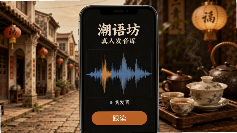 潮语坊 真人发音库功能界面 画面中央展示手机屏幕内发音波形图与跟读按钮 背景区域为潮汕老街与工夫茶具 整体风格怀旧温馨 适配Boogu模型生成