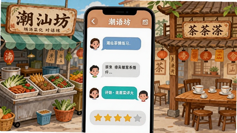 潮语坊 场景化对话练习界面 画面中央为手机屏幕内角色对话气泡与评分星级 背景区域为潮汕菜市场与茶楼场景插画 色彩明快活泼 适配Boogu模型生成