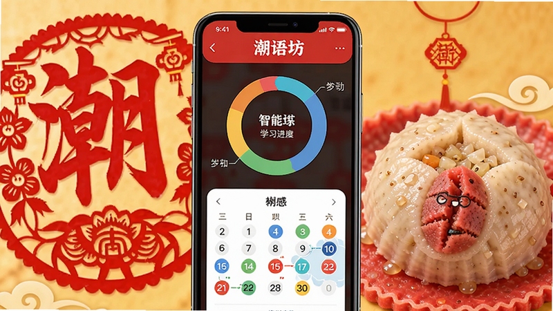 潮语坊 智能复习与学习进度追踪界面 画面中央为手机屏幕内学习数据环形图与日历打卡 背景区域为潮汕剪纸与红桃图案 整体风格喜庆明快 适配Boogu模型生成
