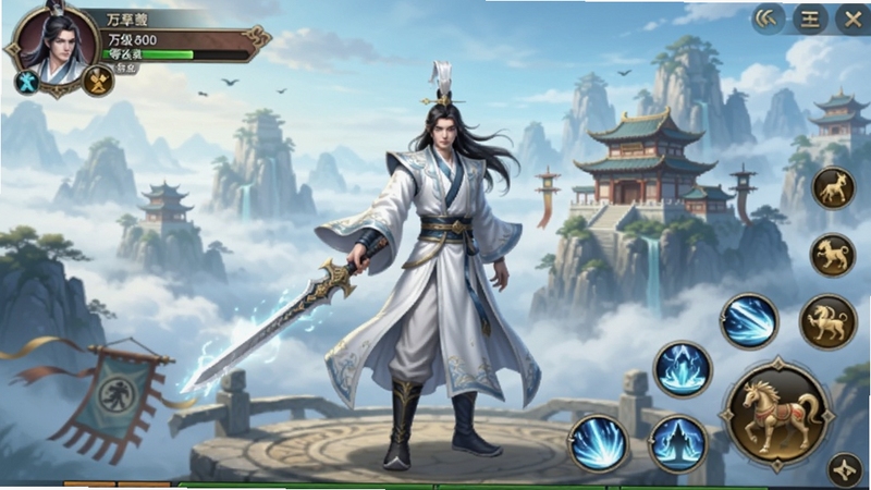 万剑至尊游戏主界面全景图,画面中央展示一位身着白衣的仙侠角色持剑而立,背后是云雾缭绕的仙山楼阁,左上角显示角色头像与等级,右下角排列着技能按钮与坐骑图标,整体色调以青蓝与金色为主,国风仙侠风格,高清画质,明亮柔和的光影效果,适配Boogu模型生成
