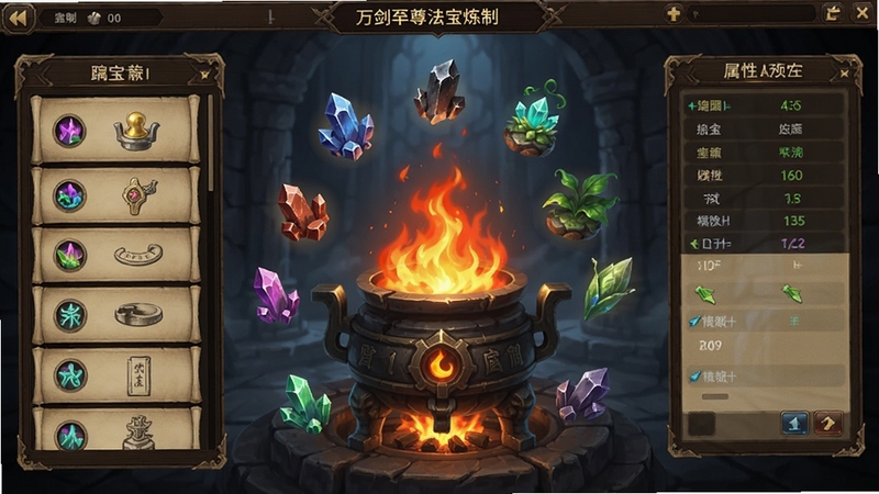 万剑至尊法宝炼制界面,画面展示一个古色古香的炼器炉,炉火熊熊,周围漂浮着各种矿石与灵草材料,界面左侧是法宝图纸列表,右侧是属性预览面板,整体UI风格为深色木质纹理搭配金色边框,仙侠奇幻氛围浓厚