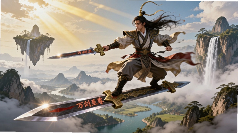 万剑至尊御剑飞行场景,画面中一名仙侠角色脚踏巨剑翱翔于云海之上,下方是连绵的山脉与河流,远处有悬浮的仙岛和飞瀑,天空中飘着几缕金色霞光,角色衣袂飘飘,动态感强烈,国风仙侠美术风格,色彩鲜艳,细节丰富