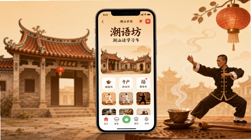 潮语坊 潮汕话学习软件主界面展示,画面中央为手机屏幕展示应用首页,背景区域为潮汕传统建筑剪影与功夫茶元素,整体色调温暖柔和,适合Boogu模型生成