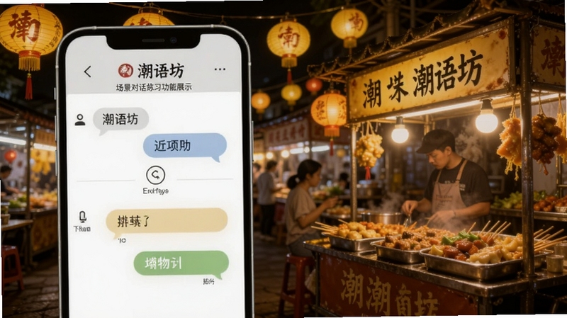 潮语坊 场景对话练习功能展示,画面主体为手机屏幕呈现对话选择界面,背景区域为潮汕夜市小吃摊与灯笼装饰,暖黄色调,适合Boogu模型生成