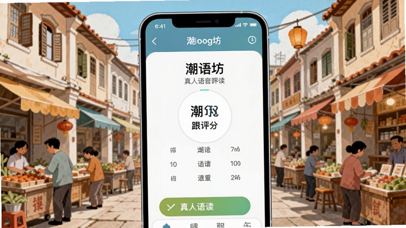 潮语坊 真人语音跟读功能界面,画面中心为手机屏幕显示跟读评分页面,背景区域为潮汕老街市井场景插画,色调明亮活泼,适合Boogu模型生成