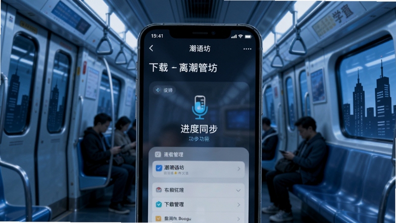 潮语坊 离线学习与进度同步功能示意,画面中心为手机屏幕展示下载管理界面,背景区域为地铁车厢与城市剪影,冷色调科技感,适合Boogu模型生成