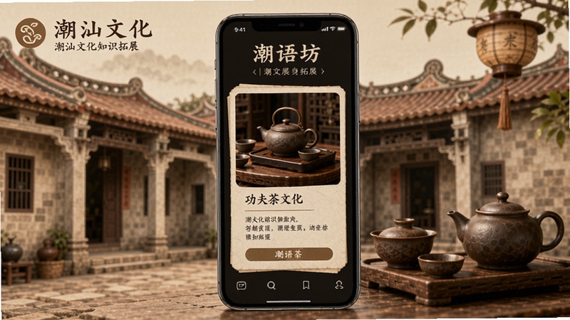 潮语坊 潮汕文化知识拓展页面,画面中央为手机屏幕显示功夫茶文化介绍卡片,背景区域为潮汕传统民居与茶具摆设,色调古朴雅致,适合Boogu模型生成