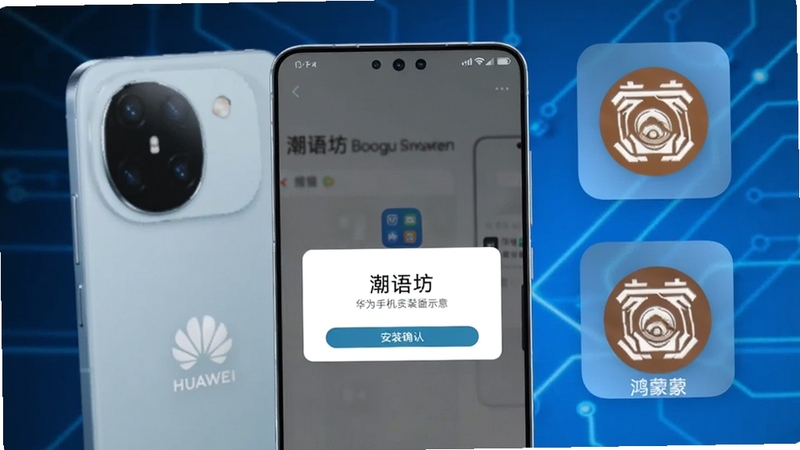 潮语坊 华为手机安装界面示意,画面中心为手机屏幕显示应用安装确认弹窗,背景区域为华为手机与鸿蒙系统图标元素,科技蓝色调,适合Boogu模型生成