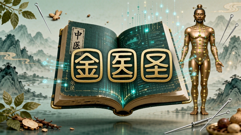 画面主体为一本悬浮的发光中医古籍,书页展开后化作数字数据流,背景是淡雅的水墨山水与中医穴位铜人轮廓,整体色调以青绿与暖金为主,画面中央醒目展示“金医圣”三个篆体字,四周点缀草药与银针元素,风格写实与科技感结合,高清细节,适合作为软件全貌展示图