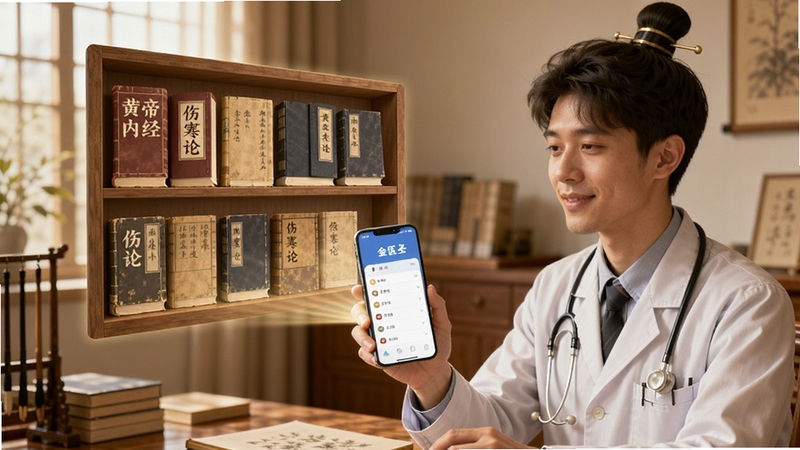 一位年轻中医师坐在书桌前,手持手机使用金医圣应用,手机屏幕投射出巨大的虚拟书架,书架上排列着《黄帝内经》《伤寒论》等古籍,每本书都在发光,背景是温馨的书房环境,画面清晰展示“金医圣”应用界面,Boogu模型生成,写实风格,光影柔和