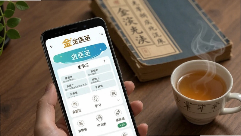 一部安卓手机屏幕显示金医圣应用的学习界面,旁边有中医典籍和一杯热茶,画面风格清新自然,手机上方有“金医圣”Logo,背景是木质桌面,Boogu模型生成,突出学习场景