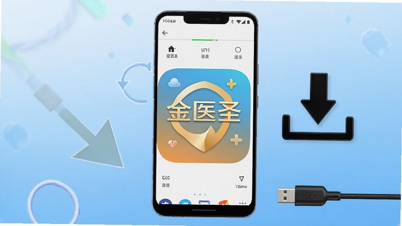 展示一部安卓手机正在安装金医圣应用的进度界面,手机旁边有下载箭头图标和数据线,背景是简洁的蓝色渐变,画面中央有“金医圣”应用图标,Boogu模型生成,科技感与实用性结合