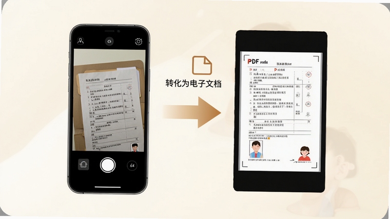 病历夹文件导入与预览功能展示,手机屏幕显示拍照上传界面与PDF预览页面,画面中有纸质病历转化为电子文档的示意箭头,背景为柔和米白色,突出多格式兼容特性