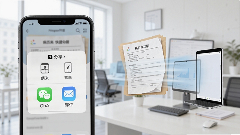 病历夹快捷分享功能界面,手机屏幕显示分享菜单与微信、邮件图标,画面中有病历文件飞向其他设备的动态效果,背景为明亮办公环境,体现便捷协作场景