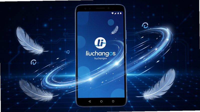 liuchangos 轻量启动概念图,画面主体为一部安卓手机屏幕显示 liuchangos 启动瞬间的动画效果,背景区域为深蓝色科技感网格,手机周围环绕轻盈的羽毛与速度线符号,突出轻快流畅的视觉感受
