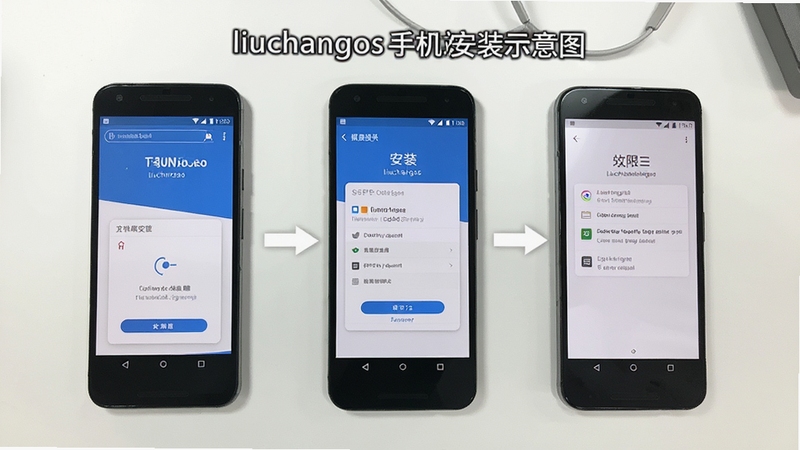 liuchangos 手机端安装步骤示意图,画面展示一部安卓手机屏幕依次显示下载、安装、权限授予三个步骤的界面截图,背景区域为白色桌面,风格简洁明了,便于新手参照操作