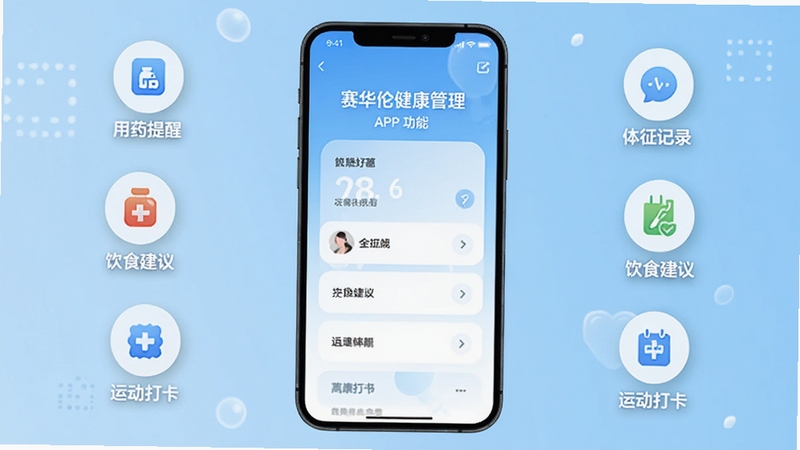 赛华佗健康管理APP整体界面展示,手机屏幕居中显示主功能面板,背景为浅蓝色渐变,四周环绕用药提醒、体征记录、饮食建议、运动打卡等图标元素,整体风格清新简洁,适配Boogu模型生成