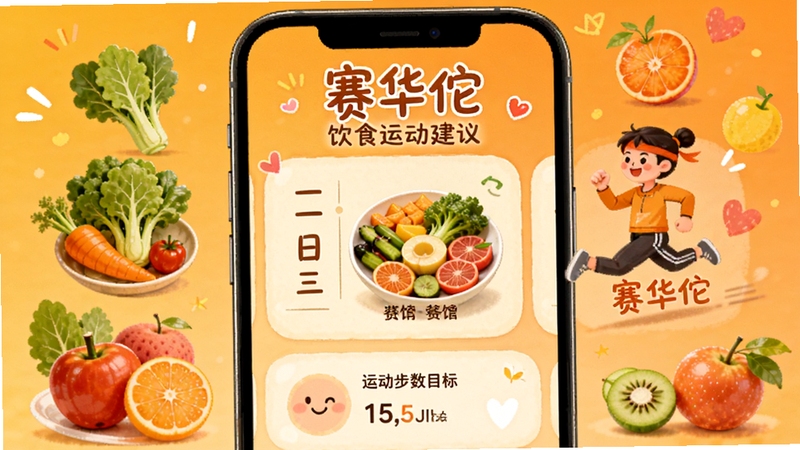 赛华佗饮食运动建议界面,手机屏幕显示一日三餐推荐图示与运动步数目标,背景为暖橙色渐变,画面中有蔬菜、水果、跑步小人等插画元素,风格活泼友好