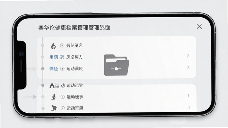 赛华佗健康档案管理界面,手机屏幕呈现时间轴式健康记录列表,包含用药、体征、运动等条目,背景为浅灰色,画面中央有档案夹图标,整体风格素雅专业