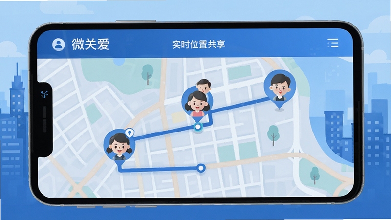 微关爱 实时位置共享 地图界面 家人头像标记 轨迹路线 城市背景 扁平化设计 蓝色调 科技感