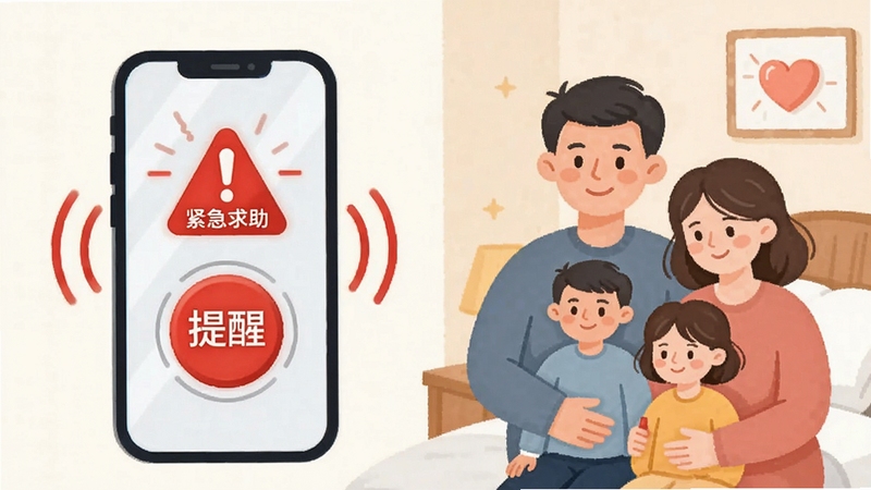 微关爱 紧急求助 按钮 手机震动 提醒 家人 响应 红色警示 温馨守护 扁平插画