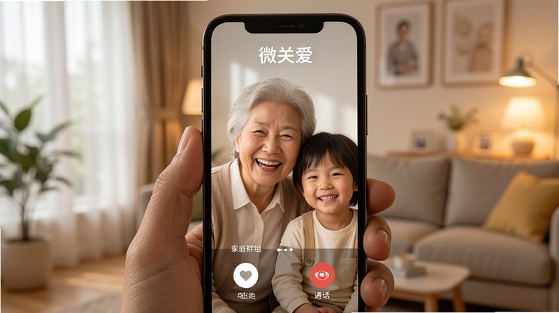 微关爱 家庭群组 视频通话 界面 温馨 笑脸 老人 孩子 手机屏幕 柔和暖光 现代家居背景