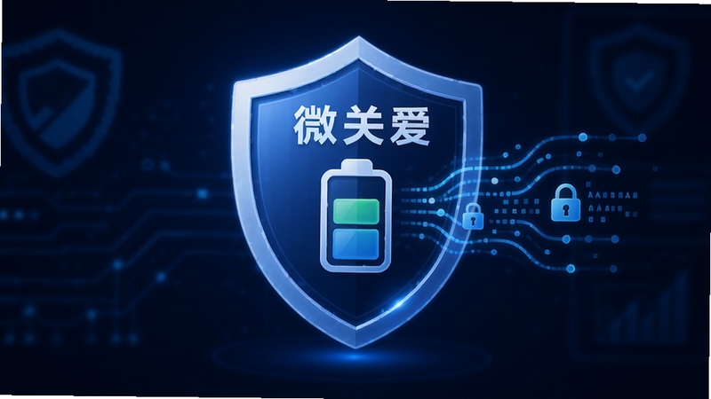 微关爱 低功耗 隐私安全 盾牌图标 电池图标 加密数据流 科技蓝 简洁界面 安全守护