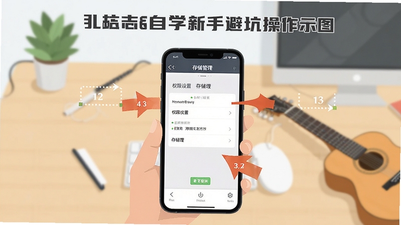 手机吉他自学新手避坑操作示意图,画面主体为手机屏幕显示权限设置与存储管理界面,背景区域为简洁的桌面环境,有箭头标注操作步骤,整体风格扁平化教学插图,适配Boogu模型生成