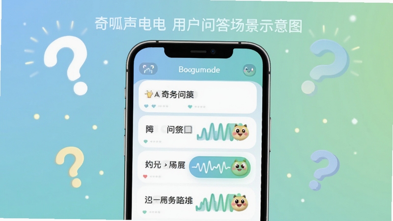 奇呱声光电用户问答场景示意图,画面主体为手机屏幕显示问答列表和声光波形图标,背景区域为柔和的蓝绿渐变,有问号与光点装饰,整体轻松友好,适配Boogu模型生成