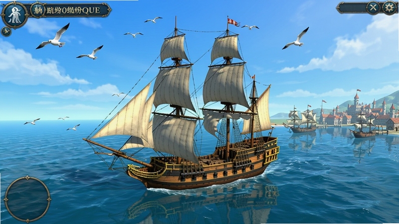 航海纷争游戏主界面全景,画面中央是一艘正在航行的三桅帆船,背景是蔚蓝大海与远处的港口城市,天空有海鸥飞翔,整体呈现中世纪航海风格,色彩明亮,细节丰富,适合作为游戏宣传预览图