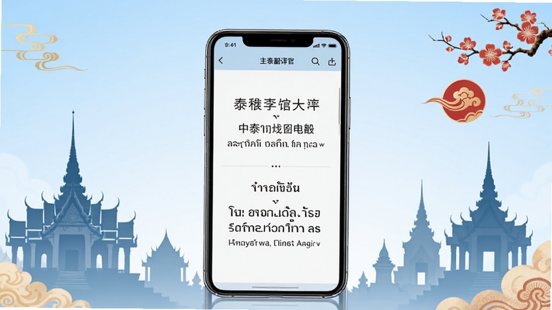 中泰翻译官软件主界面全貌展示,画面中央为手机屏幕,屏幕内显示中文与泰语双语对照翻译结果,背景为柔和的浅蓝色渐变,周围点缀泰式建筑剪影与中国风元素,整体风格清爽简洁,适配Boogu模型生成