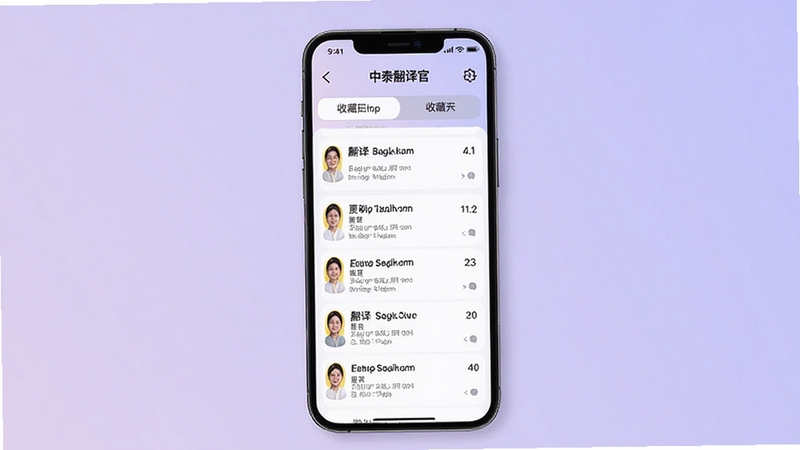 中泰翻译官历史记录与收藏界面展示,画面主体为手机屏幕,屏幕内显示翻译历史列表和收藏夹标签页,条目清晰排列,背景为淡紫色渐变,整体风格简洁现代,适配Boogu模型生成