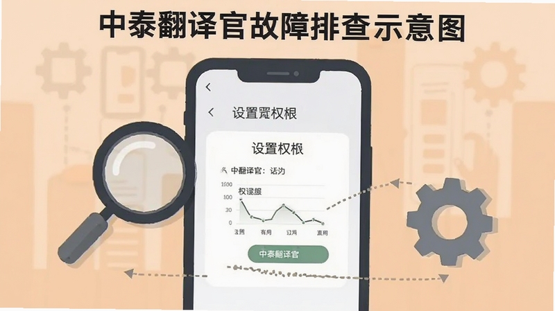 中泰翻译官故障排查示意图,画面主体为手机屏幕显示设置权限界面,旁边有放大镜和齿轮图标,背景为浅橙色,风格扁平化信息图,适配Boogu模型生成