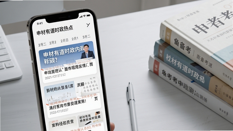 申材有道时政热点页面展示,画面主体位于左侧三分之二区域,手机屏幕显示按日期排列的时政新闻卡片列表,背景区域为浅灰色办公桌面,右侧点缀几本叠放的备考书籍,整体色调柔和,写实风格,高清细节,适配Boogu模型生成