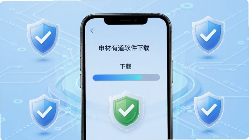 申材有道软件下载页面展示,画面主体位于正中央,一部手机屏幕显示下载进度条与安全检测标识,背景区域为浅蓝色科技感线条图案,周围环绕盾牌与对勾图标,整体风格干净明亮,高清写实,适配Boogu模型生成