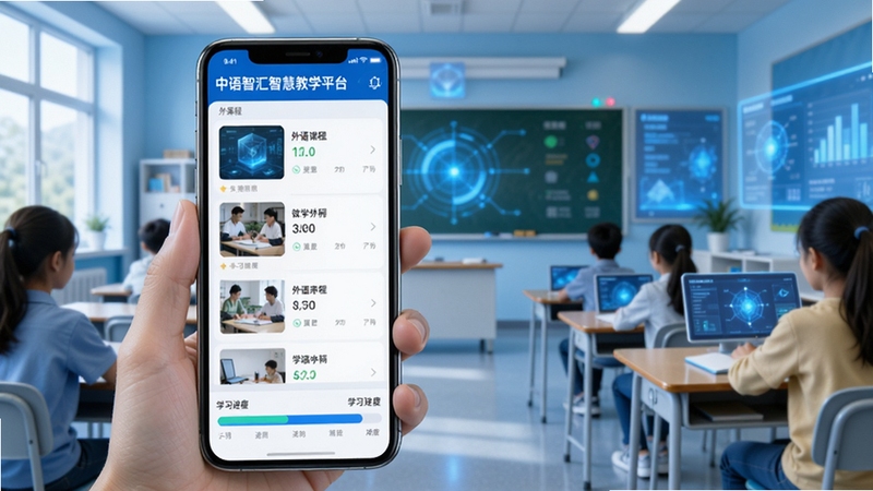 中语智汇智慧教学平台界面展示,手机屏幕中呈现外语课程列表与学习进度条,背景为明亮的教室场景,蓝色科技感色调,细节清晰
