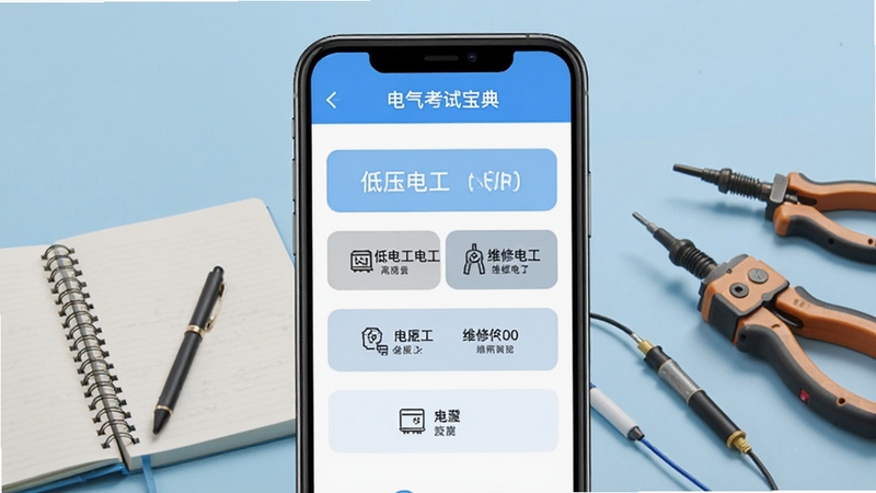 电气考试题库分类界面,手机屏幕中展示低压电工、高压电工、维修电工等标签菜单,背景为浅蓝色学习场景,桌面摆放笔记本与电工工具,风格清爽简洁,突出电工考试宝典软件界面