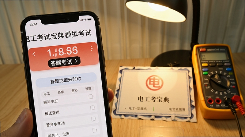手机屏幕显示电工考试宝典模拟考试倒计时与答题卡界面,背景为书桌场景,台灯暖光,旁边放着电工证与万用表,画面写实,突出考试氛围
