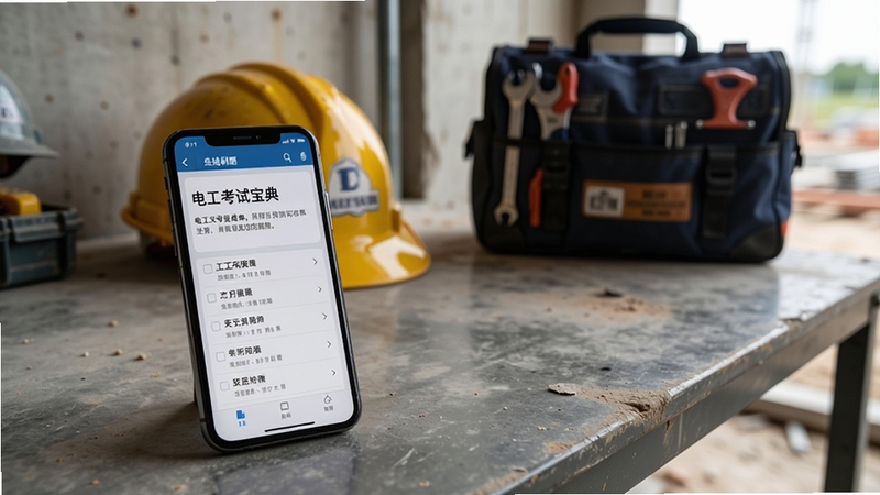 电工考试宝典离线刷题场景,手机放在工地休息区的桌面上,屏幕显示题目与选项,背景有安全帽和工具包,光线自然,风格朴实