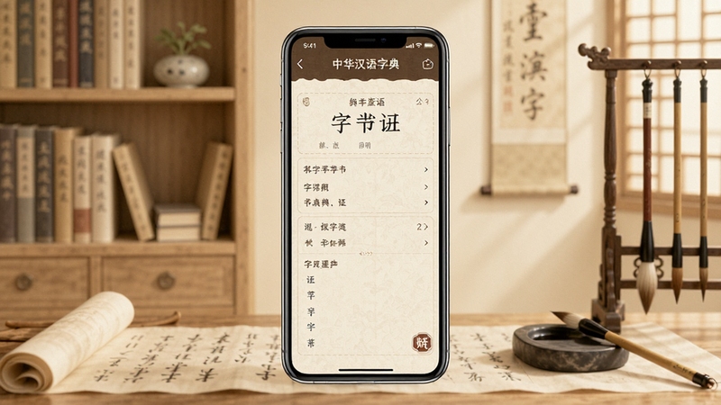 中华汉语字典软件主界面全貌展示,画面中央为手机屏幕内显示字典查询界面,背景为淡雅的书架与文房四宝元素,整体色调温润古朴,适合Boogu模型生成