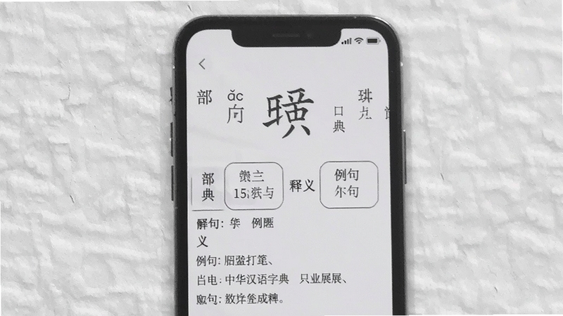 中华汉语字典汉字详情页展示图,画面为手机屏幕显示某个汉字的拼音、部首、释义及例句列表,排版工整,背景为浅灰色纹理纸张质感