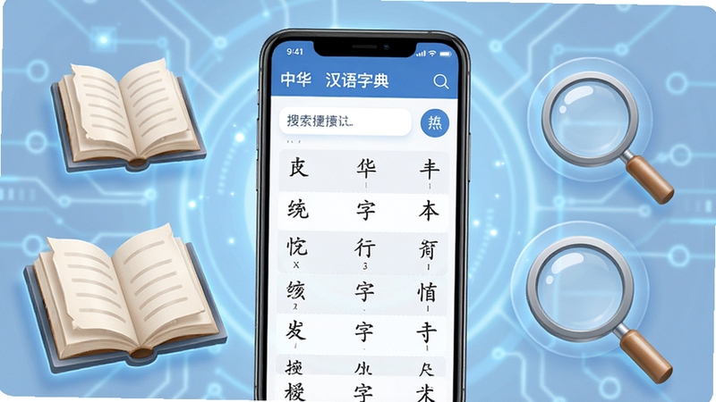 中华汉语字典离线查询功能展示图,画面主体为手机屏幕显示汉字搜索结果,周围环绕书本与放大镜图标,背景为淡蓝色科技光晕,体现离线便捷特性