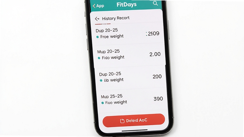 手机屏幕展示 FitDays App 的历史记录列表页面,每条记录显示日期和体重数值,页面底部有删除按钮提示,背景为纯白色简洁风格,突出数据管理功能,画面清晰明亮