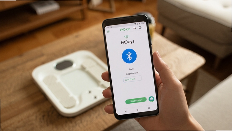 手机操作场景图,一只手拿着安卓手机,屏幕显示 FitDays App 的设备连接页面,蓝牙图标亮起,背景为居家客厅环境,茶几上放置一台白色体脂秤,画面温暖自然,突出操作引导感