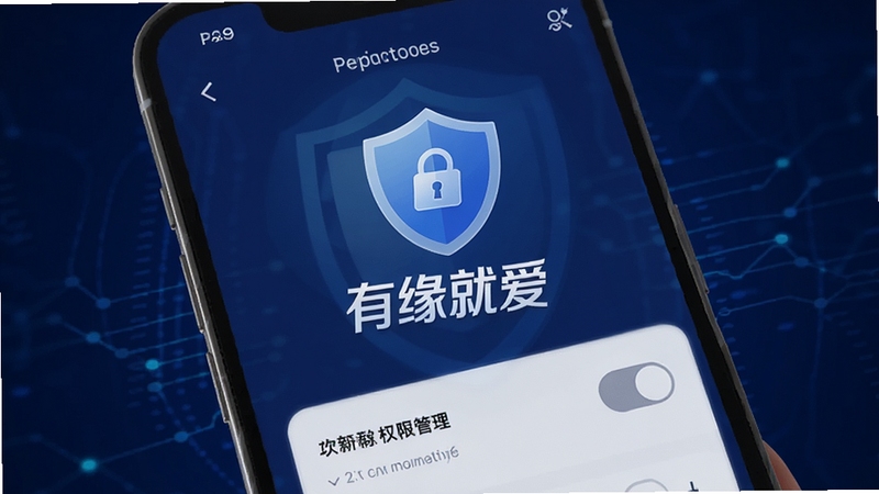 有缘就爱隐私安全设置页面图,画面展示手机屏幕内隐私开关与权限管理界面,背景为深蓝色安全主题色调,屏幕中央有盾牌图标与有缘就爱文字标识,整体传递安全可靠视觉感受