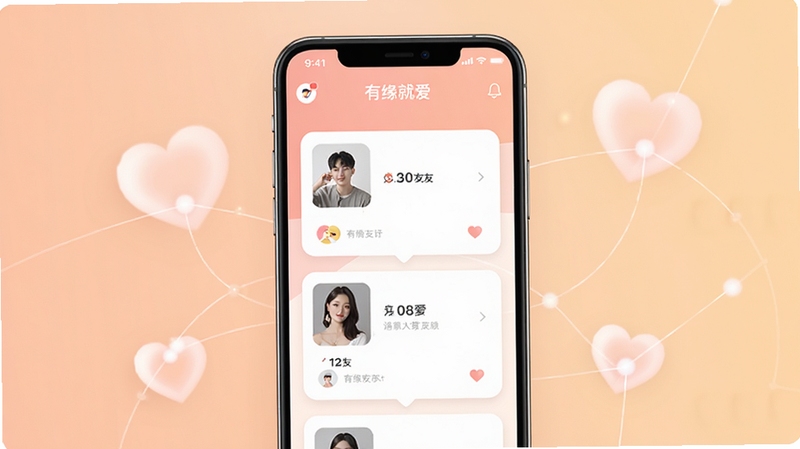 一款名为有缘就爱的手机社交应用界面展示图,画面中央为手机屏幕特写,屏幕内显示简洁的交友卡片滑动界面,背景为柔和的暖色调渐变,周围点缀淡粉色心形光晕与连接线条,整体风格清新现代,适配社交软件宣传场景